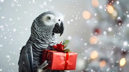 African grey parrot holding a small red gift box against a plain white background. Concept of exotic pets, holiday cheer, Christmas spirit, festive bird