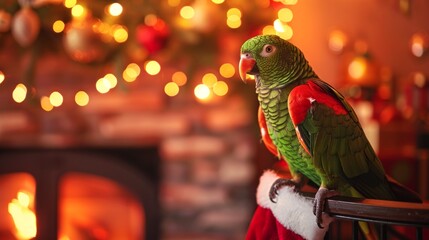 Wall Mural - Colorful parrot perched in a cozy holiday setting near a fireplace. Concept of exotic pet, Christmas decorations, festive home interior, tropical bird. Copy space