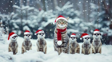 Wall Mural - Cat wearing Santa hat with meerkats in snowy forest setting. Concept of Christmas animals, festive holiday pets, winter wildlife, fun