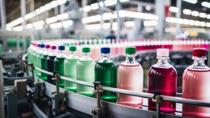 Poster - A conveyor belt with bottles of different colors and flavors, AI