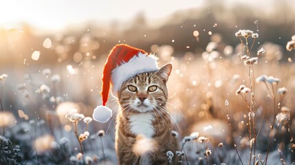 Tabby cat wearing a Santa hat in a snowy field of cotton plants, Christmas cat, holiday theme, winter season