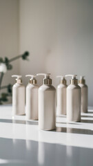 Wall Mural - A group of six bottles with different colored caps on a table, AI