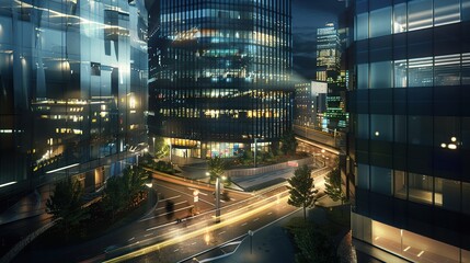 Nighttime Cityscape with Illuminated Buildings and a Busy Intersection