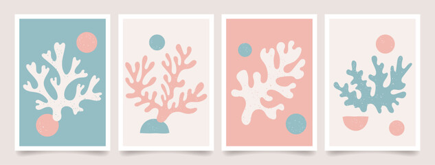 Wall Mural - Set of abstract coral poster. Sea life. Modern trendy Matisse minimal style. Contemporary art print with organic nature shapes. Vector design for wall decor, print, postcard, cover, template, banner.