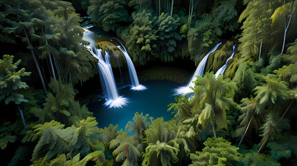 Wall Mural - Bird's-eye view of a thick forest with a waterfall cascading into a hidden lagoon surrounded by dense foliage.