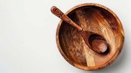 Poster - Wooden bowl and spoon on white background top view with copy space