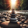 © Kwazai - Zen Stones Stacked by River Calming Meditation with Lake Background