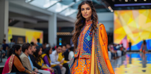 Wall Mural - A beautiful young girl in colorful walks down the runway at an event with other models, showcasing her fashionable and vibrant outfit