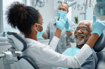 Sticker - A black female dentist wearing a blue uniform is smiling to an old man with a gray beard sitting in the chair during teeth cleaning at the clinic