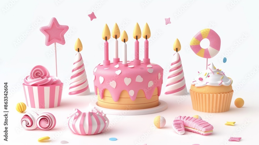 3D rendering of a birthday cake icon set with candles and decorations ...