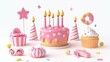 © Khalida - 3D rendering of a birthday cake icon set with candles and decorations Pink cake emoji party surprise and holiday food in pastel colors Cartoon creative design icons isolated on a white