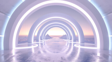 Wall Mural - 3 futuristic glowing modern light tunnel with circles. Empty space with sunrise background