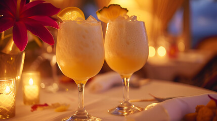 Wall Mural - Two glasses of orange juice sitting on a table, one glass half-full and the other glass completely full.