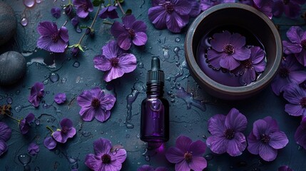 Wall Mural - Aromatherapy concept with essential oil bottle purple flowers in small bowl