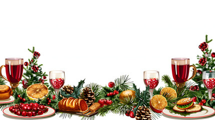 Christmas table with food isolated on white background, text area, png
