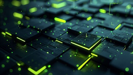 Close-up of a futuristic 3D landscape with illuminated green digital circuits and floating particles, symbolizing cutting-edge technology and advancements in computing.