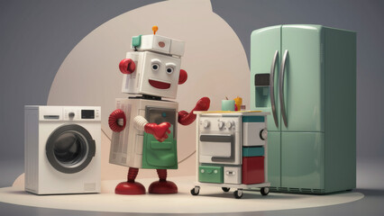 Wall Mural - A robot is standing next to a refrigerator, washing machine and oven, AI