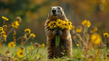 A groundhog holding a bunch of yellow flowers
