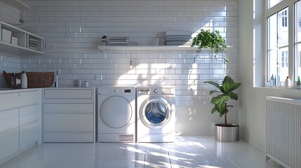 Wall Mural - Modern Scandinavian laundry room with light colors and minimalistic design for a spacious and airy ambiance