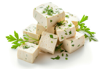 A pile of cubed feta cheese garnished with sprigs of fresh parsley against a bright white background.