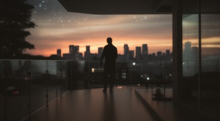 Wall Mural - A man standing on a balcony looking at the city lights, AI