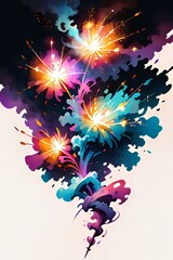 Colorful digital artwork featuring fireworks exploding in the sky, creating a dynamic and festive atmosphere. Ideal for celebration themes, party invitations, event decorations, and festive background