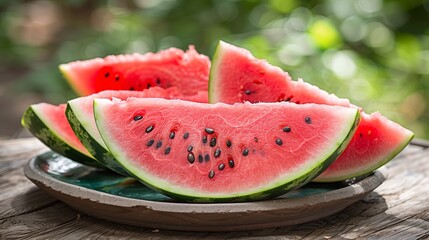Wall Mural - Slices of fresh watermelon on a plate on a wooden table