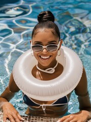 Wall Mural - A woman in a swimming pool with an inflatable ring around her neck, AI