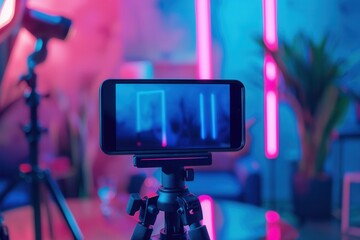 Wall Mural - A smartphone mounted on a tripod displays a vibrant video stream, capturing the energy of a live performance under neon lighting. Generative AI