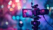 © Анатолий Савицкий - A video camera captures a vibrant live event, with colorful lights illuminating the background. Generative AI