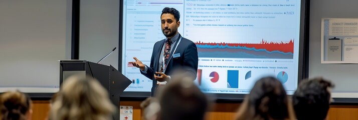 Wall Mural - Medical researcher presenting findings at a conference for dissemination research comprehensive visual assessment of research dissemination strategies