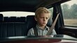 © Karo - Little boy with blue eye and blonde hair rides in a car with a sad look.