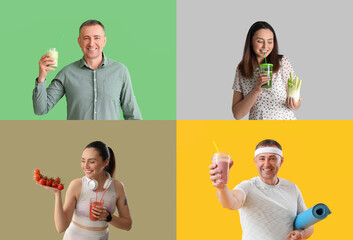 Wall Mural - Group of people with healthy smoothie on color background