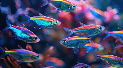 A vibrant school of neon tetra fish glowing under aquarium lighting, creating a mesmerizing aquatic display