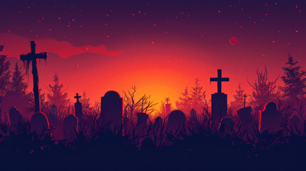 Wall Mural -  background with simplified headstones and crosses on a dark gradient background, focusing on minimal details to evoke a spooky, Halloween graveyard scene