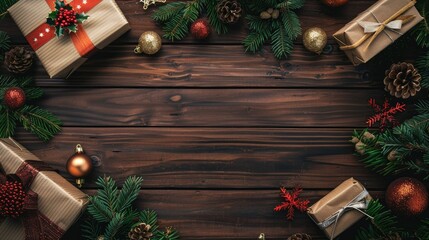 Sticker - Bird s eye view of wooden table adorned with Christmas decorations