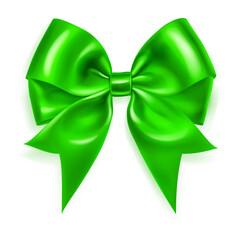 Wall Mural - Beautiful large bow made of green ribbon with soft shadow on white background. Vector illustration for design projects and creative works.