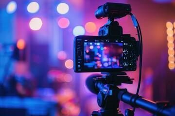 Poster - A close-up shot of a professional video camera capturing a live event with colorful lights in the background. Generative AI