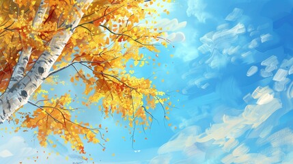 Sticker - Autumn Scene with Yellow Birch Tree against Blue Sky for Text