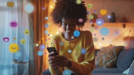 Aufkleber - A smiling Black woman uses her smartphone at home, surrounded by 3D digital icons representing social media posts, emojis, and e-commerce shopping. Generative AI