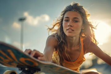 Wall Mural - Board queens: female skateboarder - highlighting the skill, style, and resilience of women who defy expectations, embracing the thrill of the pavement and the freedom of the skatepark.