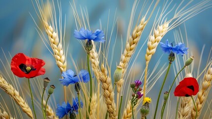 Wheat, oat and barley with cornflower, poppy and ladybug