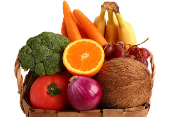 Canvas Print - Wicker basket with different fresh fruits and vegetables on white background