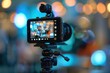 © Анатолий Савицкий - A video camera set up on a tripod, capturing a vibrant event with bokeh lights in the background. Generative AI
