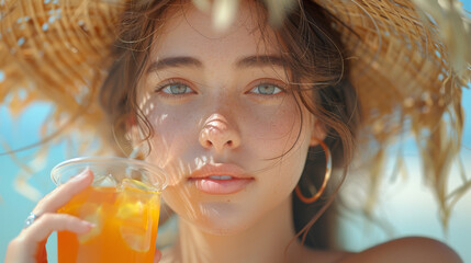 Wall Mural - Fashion pretty young woman wearing a straw hat, sunglasses with air balloon drinks fruit juice from cup over colorful blue background