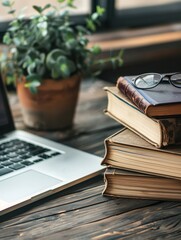 Aufkleber - A laptop and textbooks on a wooden desk symbolize modern learning methods, perfect for online courses and educational platforms. Generative AI