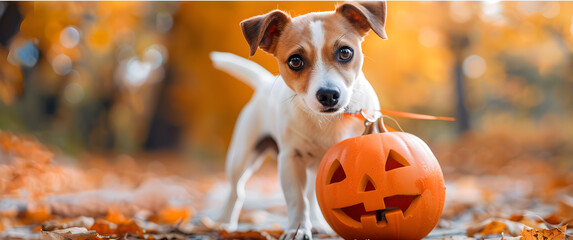 Wall Mural - A dog is standing in front of a pumpkin with a red ribbon tied around it