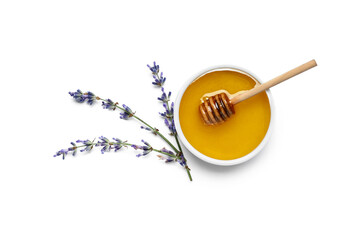 Wall Mural - Bowl of sweet lavender honey, dipper and flowers on white background