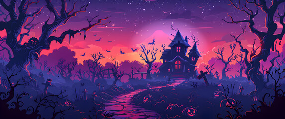 Wall Mural - A purple and orange sky with a house in the middle of a forest