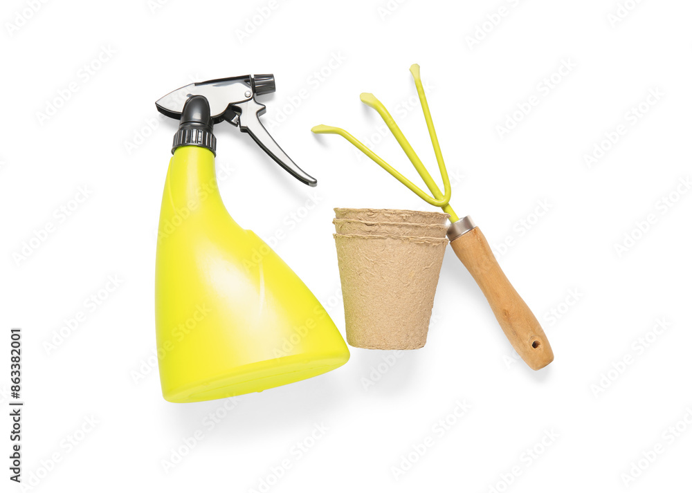 Different gardening tools on white background